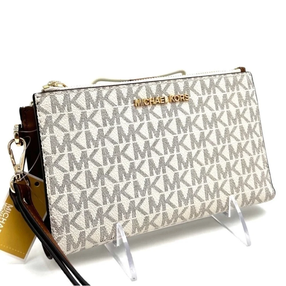 Michael Kors Double Zip Wallet Wristlet Vanilla/Brown Leather (NWT)